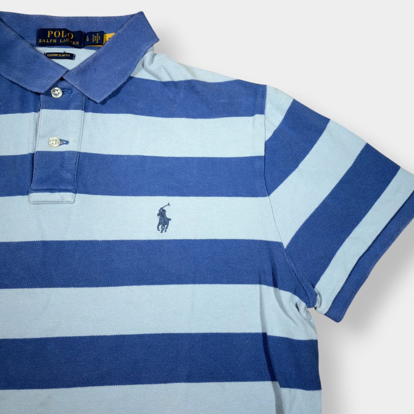 RALPH LAUREN | VINTAGE BLUE STRIPED SLIM FIT POLO SHIRT (L)
