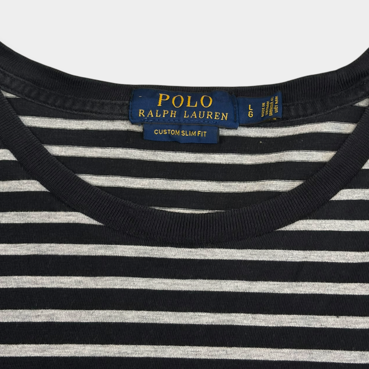 RALPH LAUREN | BLACK & GREY STRIPED T-SHIRT (L)