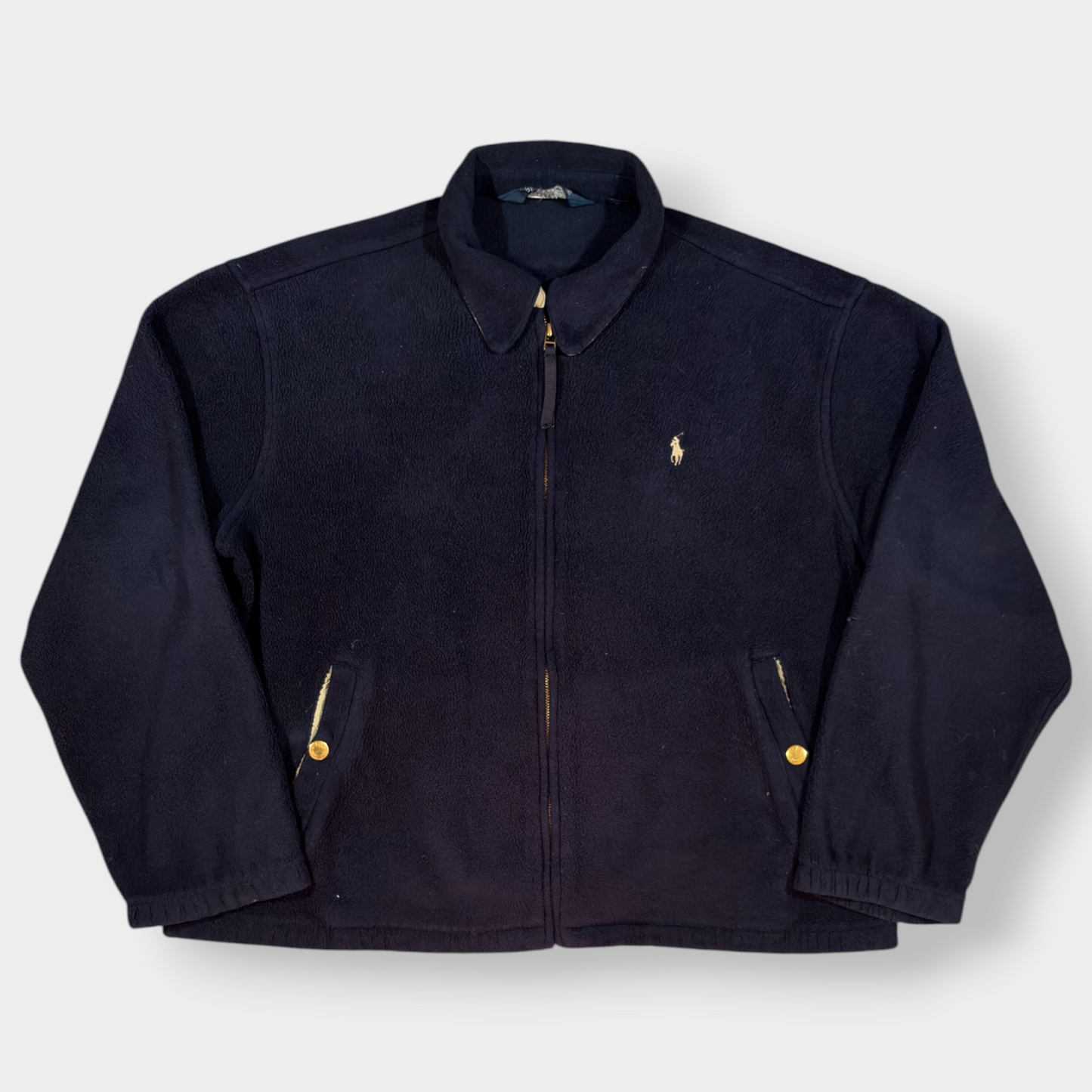 RALPH LAUREN | 1990s VINTAGE NAVY BLUE FLEECED BOMBER JACKET (XL)