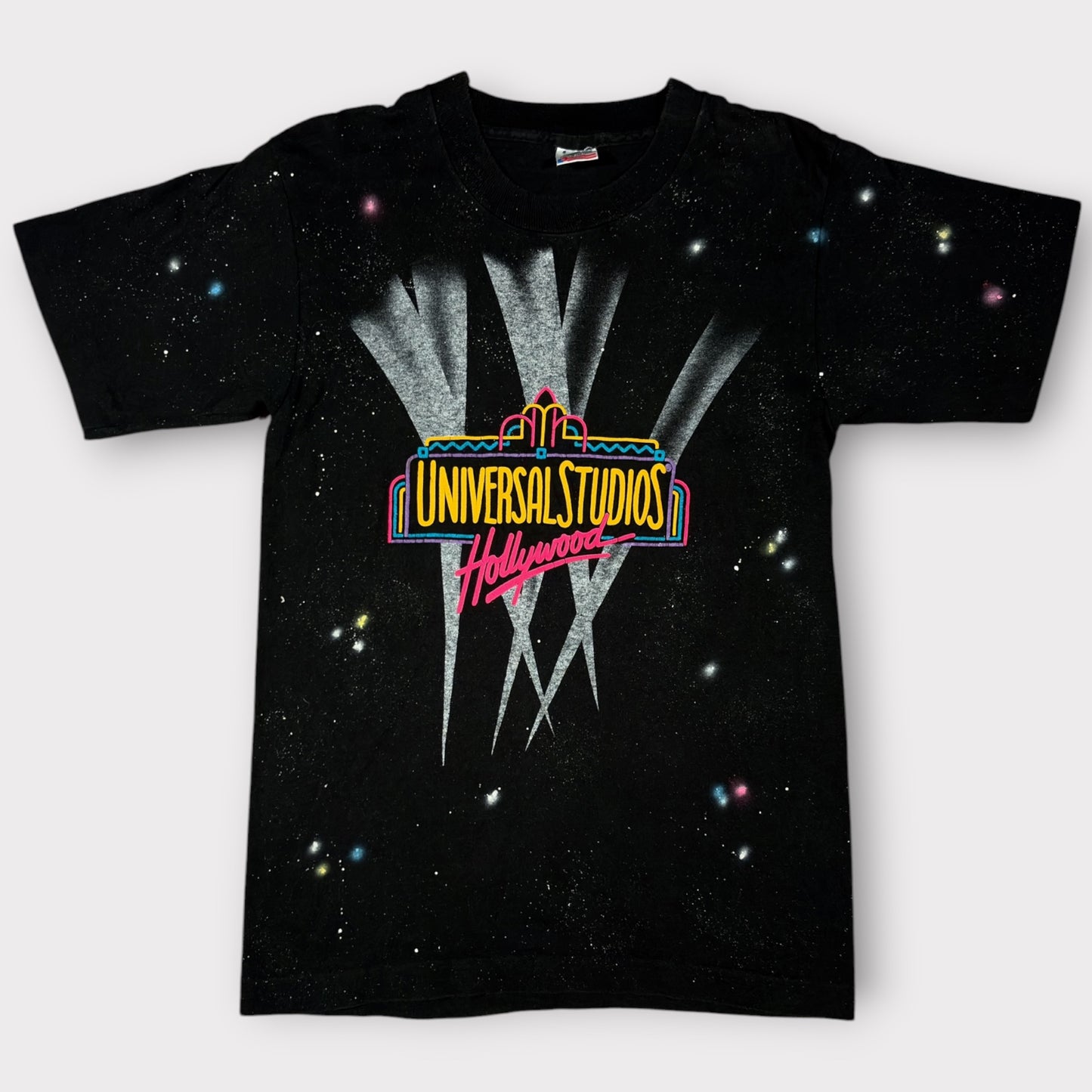 UNIVERSAL STUDIOS HOLLYWOOD x FRUIT OF THE LOOM | 1990s SINGLE STITCH GALAXY PRINT BLACK TEE (S)