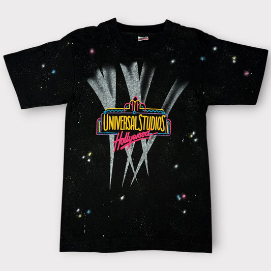 UNIVERSAL STUDIOS HOLLYWOOD x FRUIT OF THE LOOM | 1990s SINGLE STITCH GALAXY PRINT BLACK TEE (S)