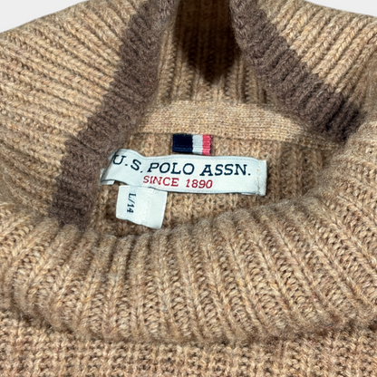 U.S. POLO ASSN. | 00s BROWN KNITTED POLO NECK JUMPER (L)
