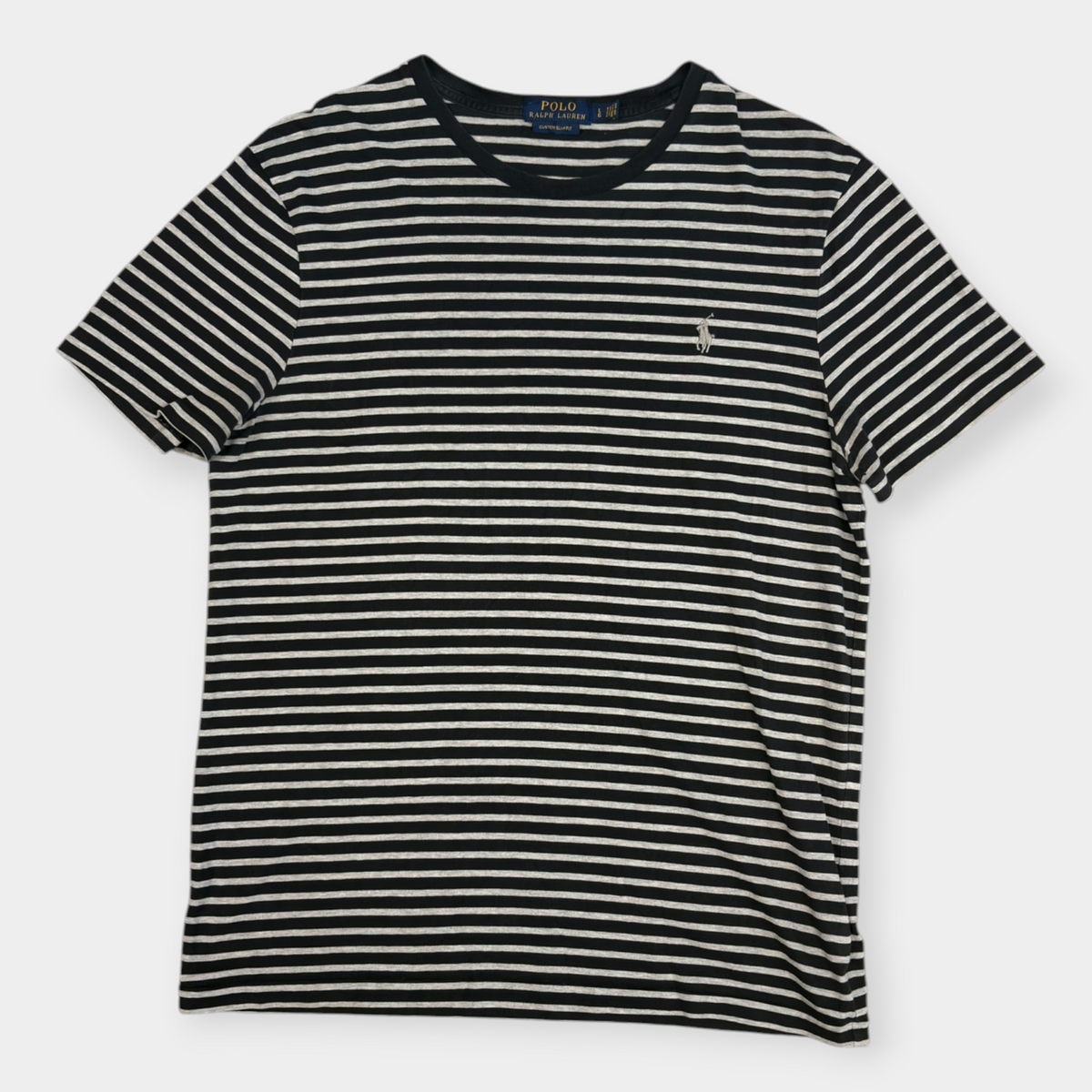 RALPH LAUREN | BLACK & GREY STRIPED T-SHIRT (L)