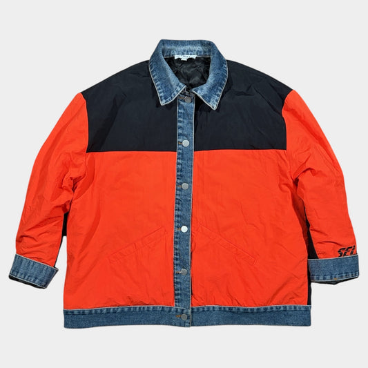 REWORKED DENIM PUFFER JACKET (UK 14)