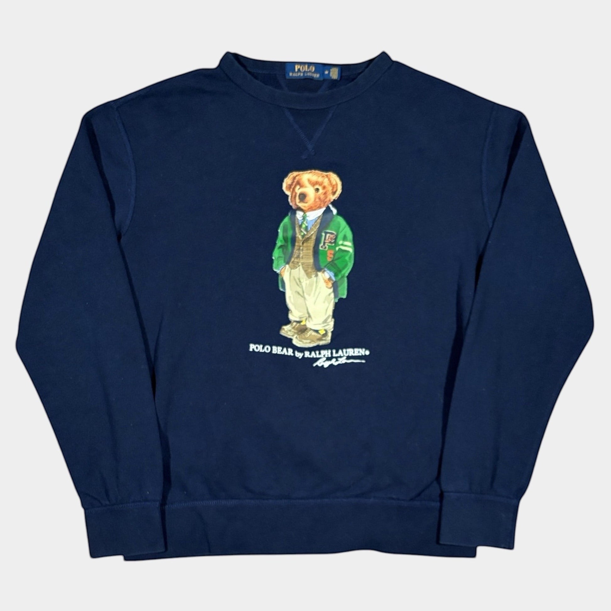 THE YRDSALE navy cotton sweatshirt with a Polo Bear graphic wearing a green jacket and tan pants. Polo Bear by Ralph Lauren text below.