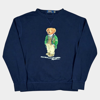 THE YRDSALE navy cotton sweatshirt with a Polo Bear graphic wearing a green jacket and tan pants. Polo Bear by Ralph Lauren text below.
